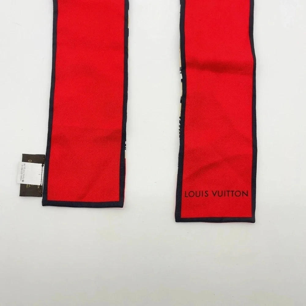 Auth Louis Vuitton Twilly Monogram Bandeau Red Silk Scarf/WB